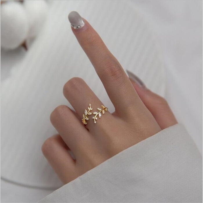 Wholesale S925 Sterling Silver Ring Diamond Leaf Branch Open Ring