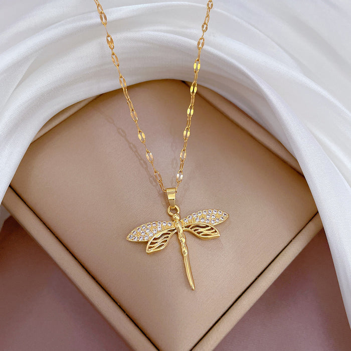 Wholesale Titanium Steel Hollow Dragonfly Inlaid Real Gold Necklace JDC-NE-LG048