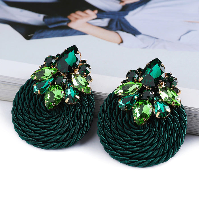 Wholesale Fashionable hand woven rope with circular inlaid colorful crystal earrings, elegant earrings and jewelry