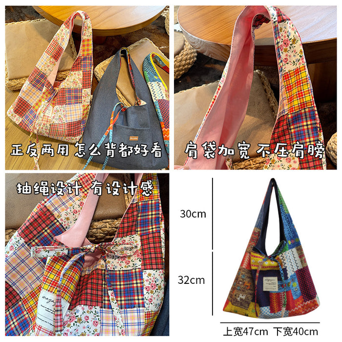 Wholesale Retro double-sided patchwork pericardial shoulder bag, large capacity shopping bag