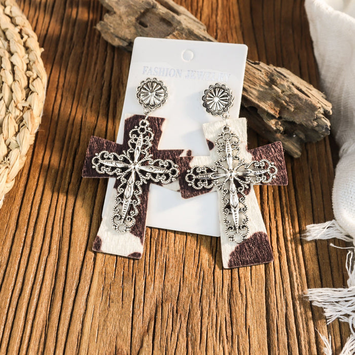 Wholesale Leather leopard print cross earrings niche design retro ing earrings