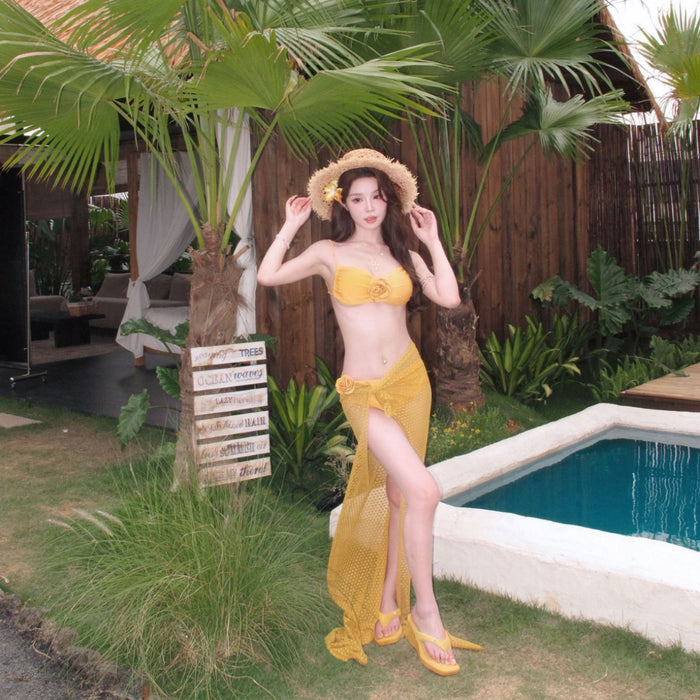 Wholesale New Thai swimsuit camellia yellow split long skirt beach island vacation sexy bikini three piece set