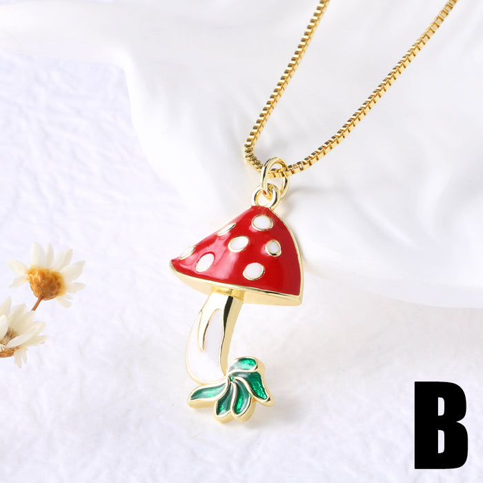 Wholesale  Jewelry Red Mushroom Pendant Necklace Women's Gold Plated Oil Drop Flower Collarbone Chain