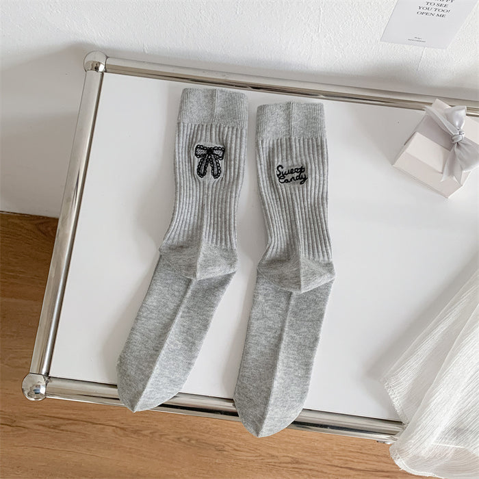 Wholesale Pile up socks, bow embroidery, mid length socks, embroidered cotton socks