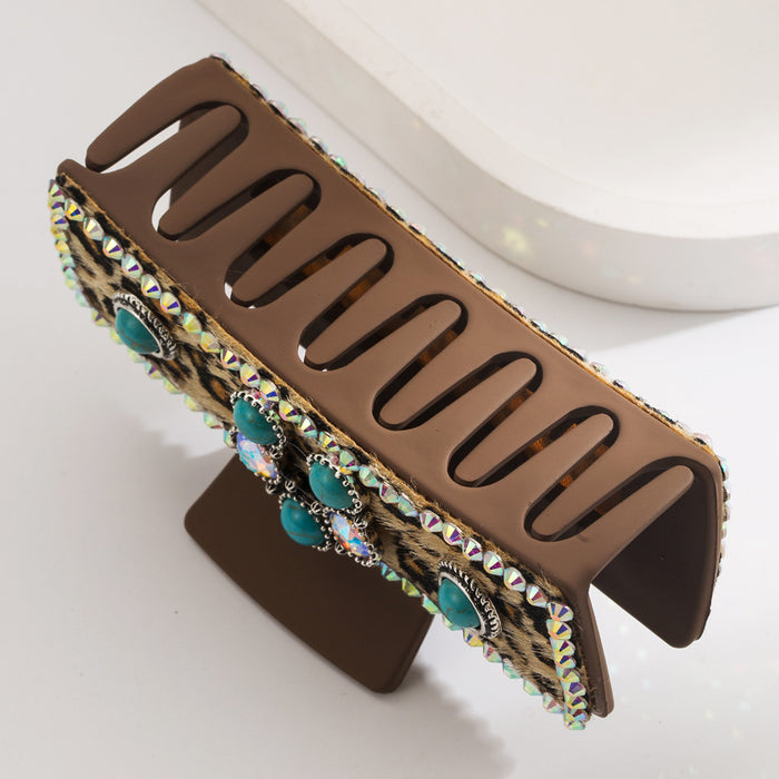 Wholesale Leopard Leather Diamond-encrusted Turquoise Grab Clip Back Head Tie Hair Clip Women' s Hair Clip