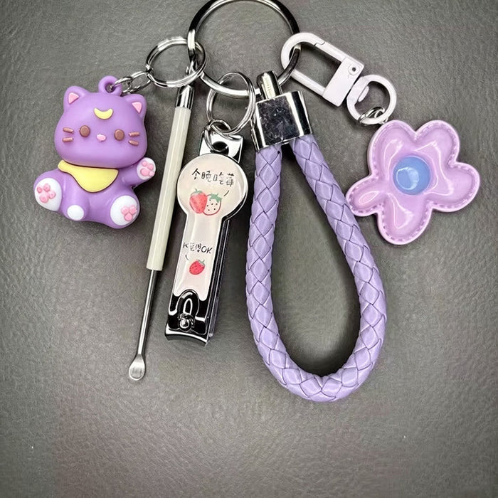 Wholesale Lucky Cat Nail Clipper Keychain Purple Cartoon Zinc Alloy Manicure Set Fashion Decorative Accessory For Bag Or Car Key Boutique Gift