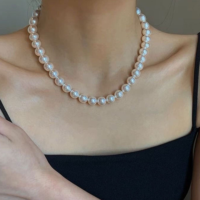 Wholesale   White Mother Beads Round Pearl Necklace Ingot Buckle  Clavicle Chain