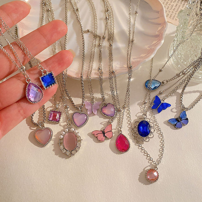 Wholesale Butterfly Heart with Diamond Accents and Drop Shape Pendant Necklace