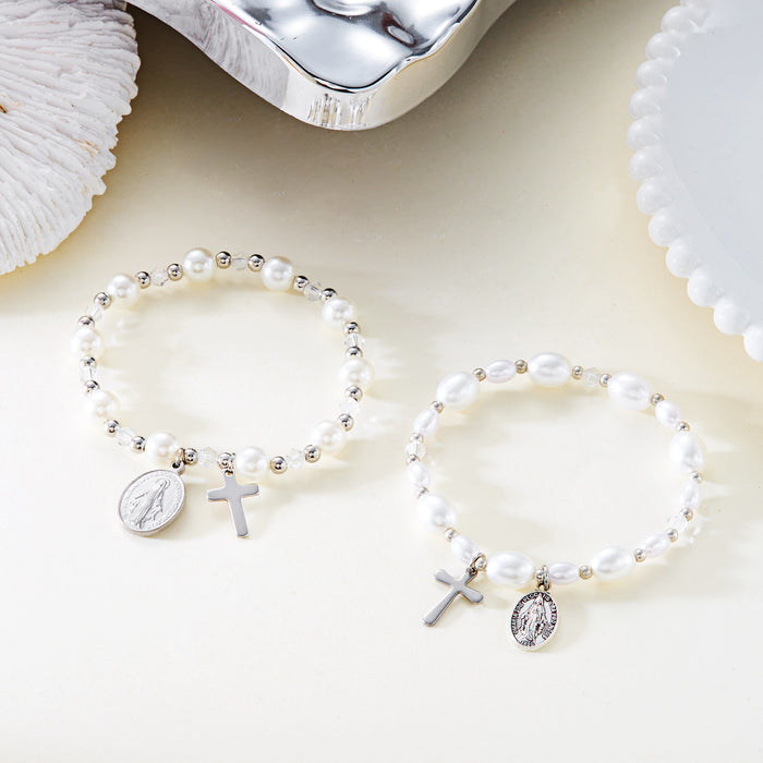 Wholesale Our Lady Cross Pearl Bracelet Gold Heart Imitation Pearl Bracelet