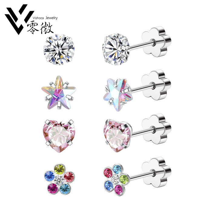 Wholesale Zircon Titanium Steel Cartilage Earrings Flower shaped Heart shaped Star shaped Earrings Set