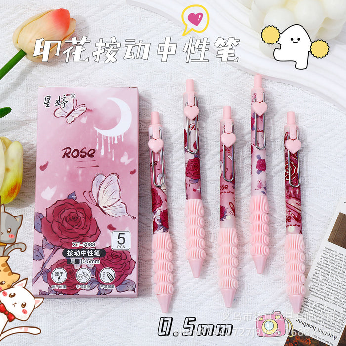 Wholesale Pink Heart Rose Press Gel Pen Romantic Girl Brush Pen  Quick Dry Press Black Pen