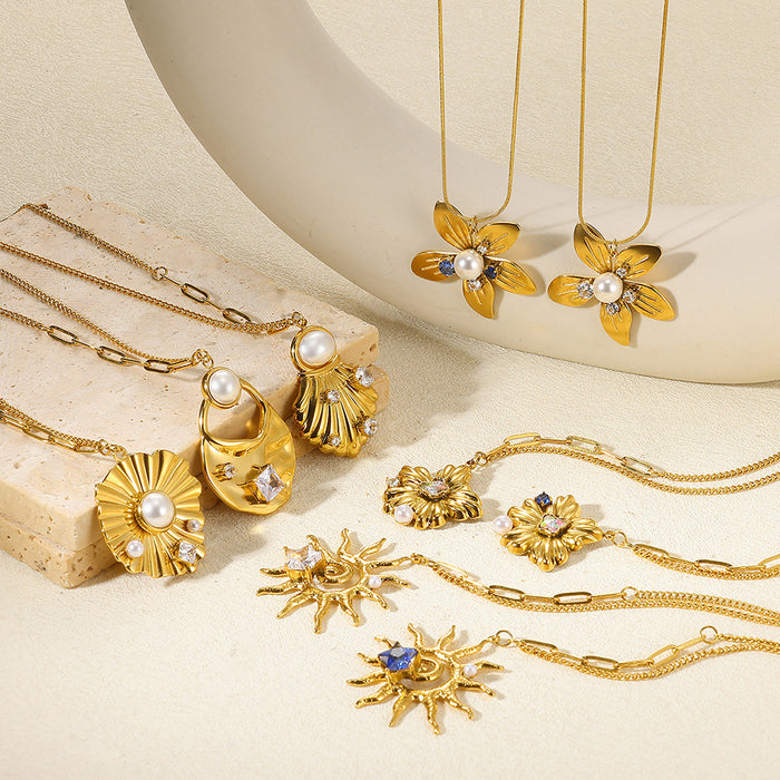 Wholesale Stainless Steel Vacation Ocean Imitation Pearl Jewelry Sunflower Necklace