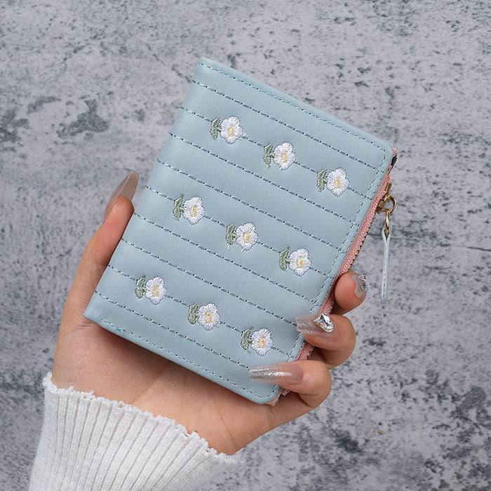 Wholesale Embroidered PVC Women' s Wallet Trendy Short Two-Fold Card Coin Purse