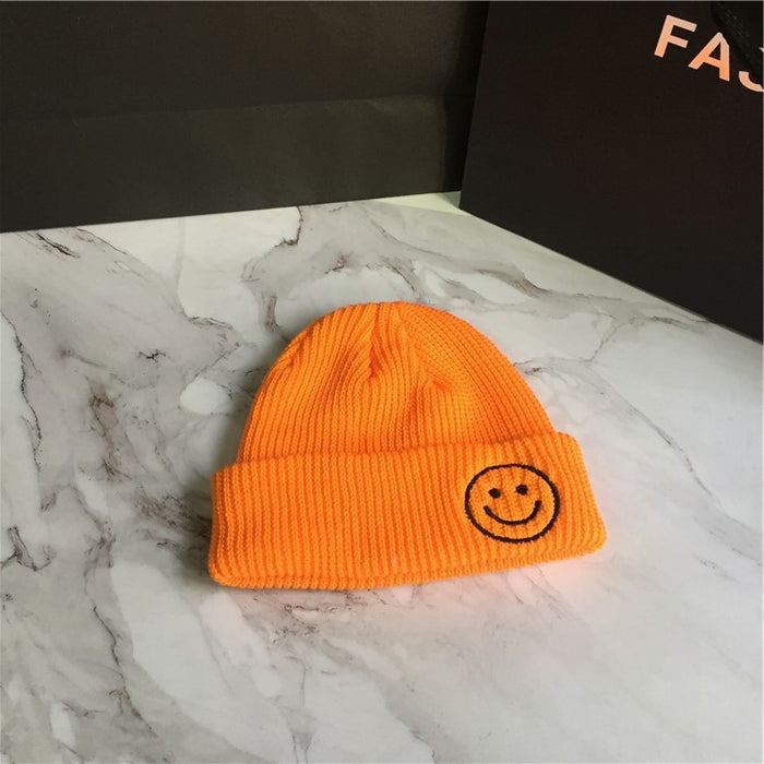 Wholesale Smiley Face Embroidery Solid Color Acrylic Knitted Wool Hat JDC-FH-YBQX006