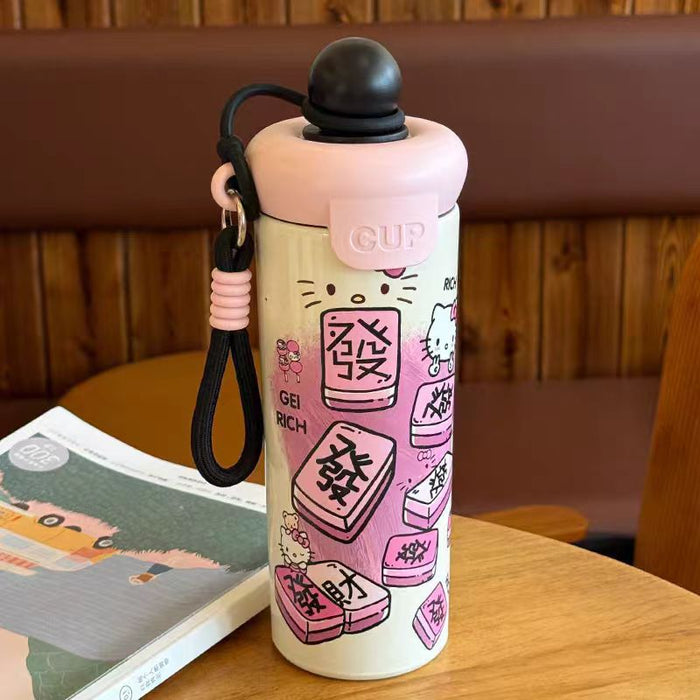 Wholesale 316 Stainless Steel Cute Cat Design Insulated Straw Water Bottle For Students With Carrying Strap