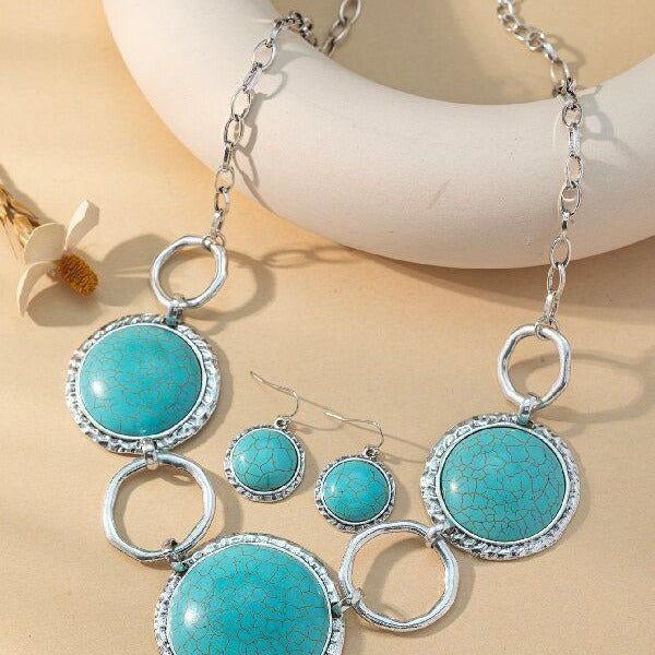 Wholesale Bohemian Vintage Round Turquoise Necklace and Earring Set MOQ≥2