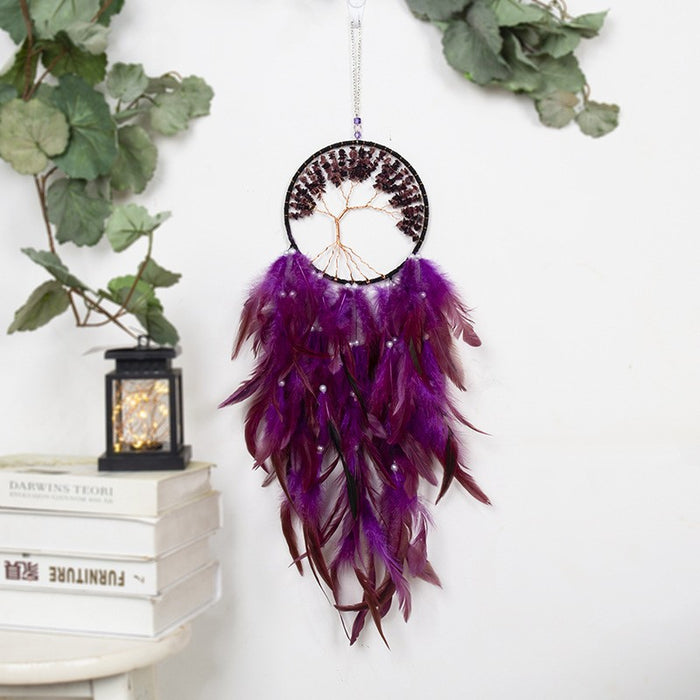 Wholesale Feather Dreamcatcher Wall Hanging with Tree of Life Design and Natural Stone Accents