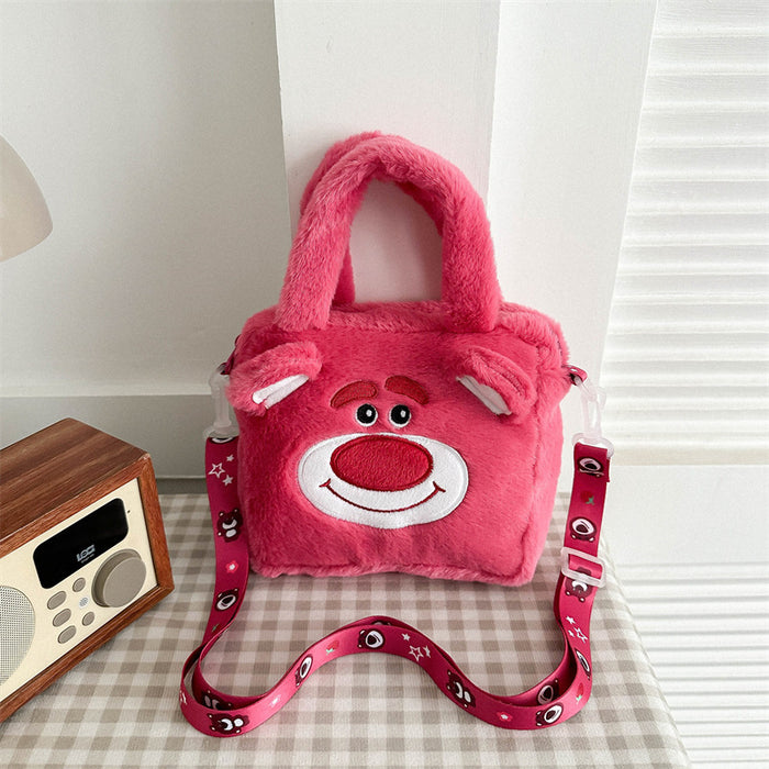Wholesale Cute cartoon plush shoulder bags in various colors.