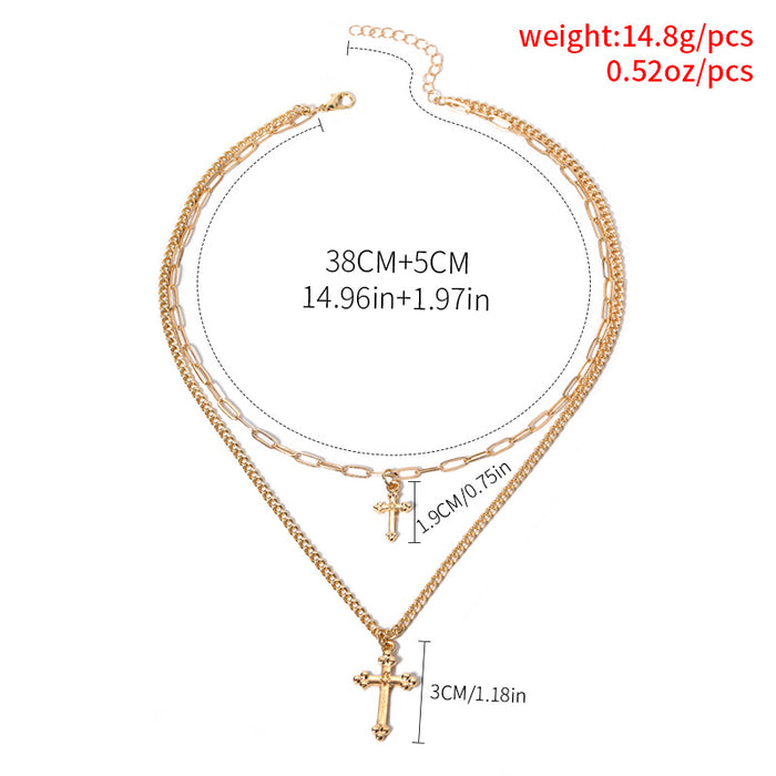 Wholesale Exaggerated jewelry, niche alloy chain pendant, simple cross, multi-layer necklace, women's collarbone chain wholesale