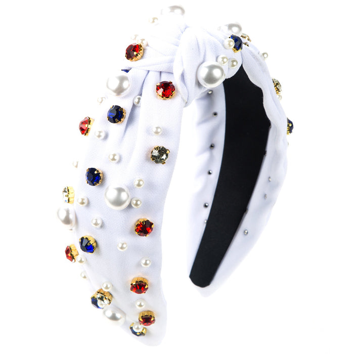 Wholesale Valentine' s Day pearl and rhinestone headband with knotted fabric design