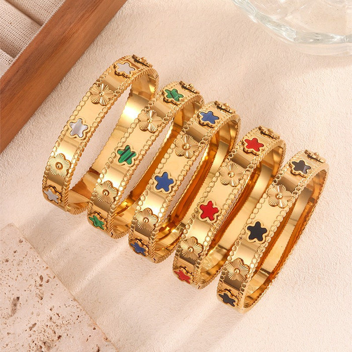 Wholesale Titanium Steel Inlaid Colorful Mother-of-Pearl 18K Gold Bracelet JDC-BT-Kucai005