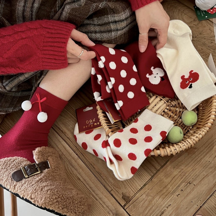 Wholesale Red Socks Children Rabbit Velvet Wave Point Middle Tube Creative
