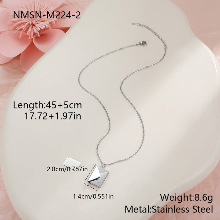 Wholesale Valentine' s Day-themed envelope-shaped stainless steel necklace with heart-shaped elements and rhinestones.