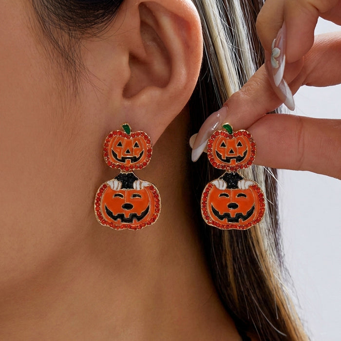 Wholesale Funny Cartoon Pumpkin Earrings Creative Graffiti Design With Pearl And Rhinestone Accents Women S Alloy Fashion Accessory