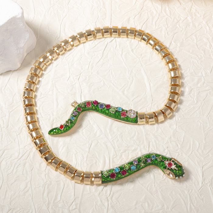 Wholesale Metal Chain Inlaid Color Zircon Green Snake Animal Pendant Women's Necklace