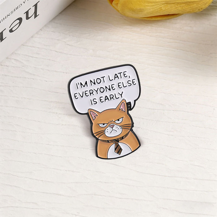 Wholesale Trendy Orange Cat Brooch I AM Not Late Office Tie Pin Gift