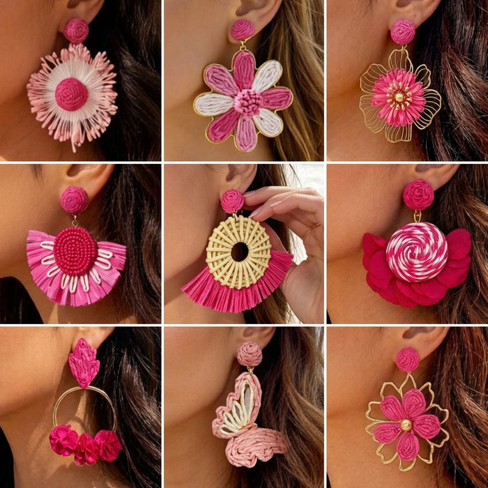 Wholesale Vacation Style Handmade Raffia Flower Earrings Red Jewelry Accessory MOQ≥5