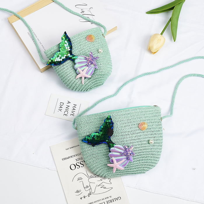 Wholesale Straw Mermaid Crossbody Bag for Girls Cute Summer Beach Purse Resale Gift