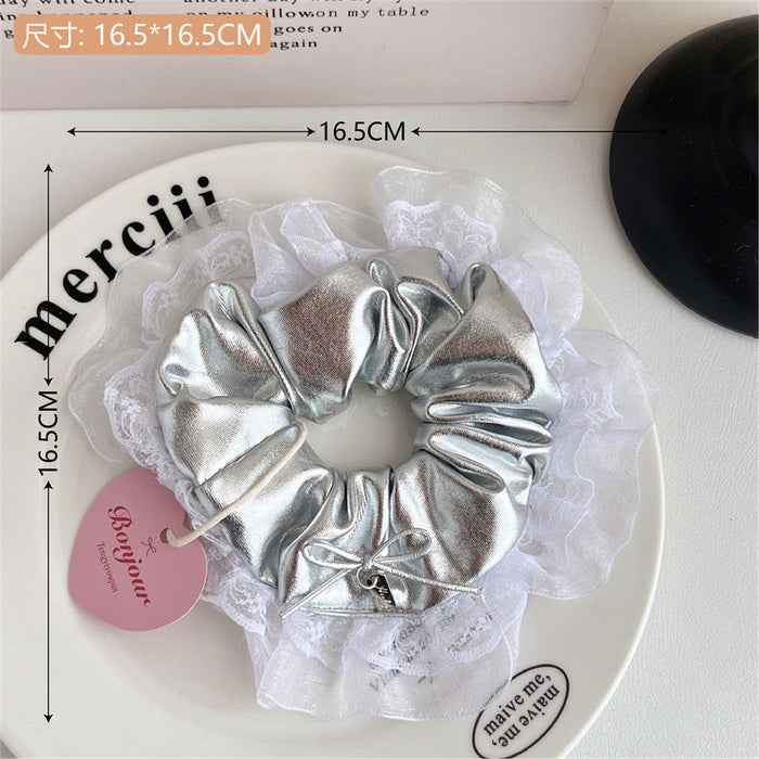 Wholesale silver Leather Bow Large Intestine Hair Rings Niche Hair Rope Hair Accessories