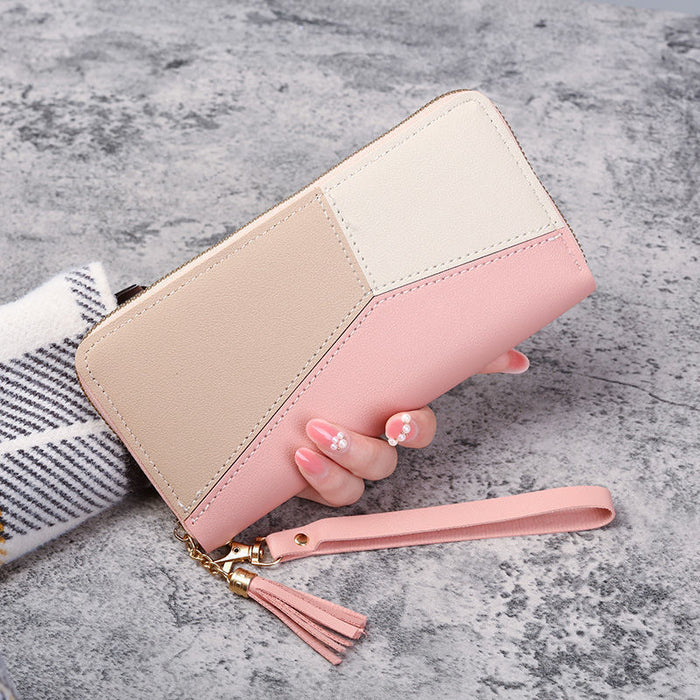 Wholesale Women' s Long Zip Phone Wallet Pink Solid Contrast Color Everyday Use Resale MOQ≥3