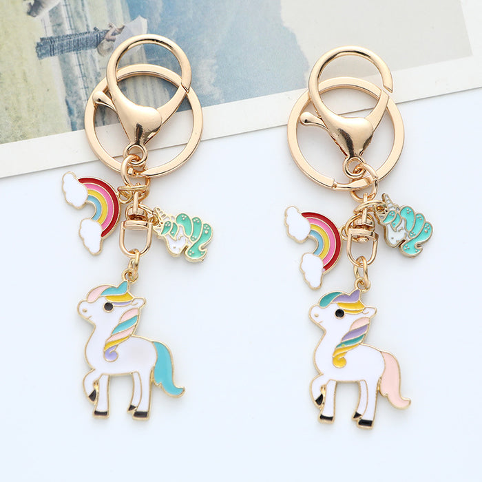 Wholesale Cartoon Rainbow Unicorn Keychain Pendant Dripping Oil Alloy Pony Car KeyChain