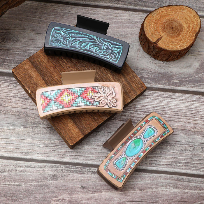 Wholesale West Denim Style Diamond Pattern Leather Hairpin Women Shark Clip