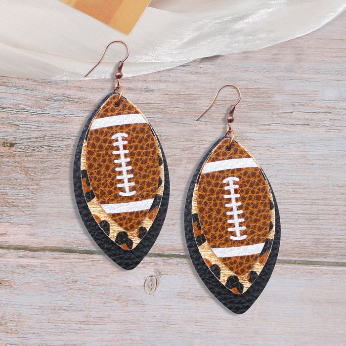 Wholesale Sporty Rugby Brown Leopard Leaves Three-layer Leather Diamond Rugby Earrings