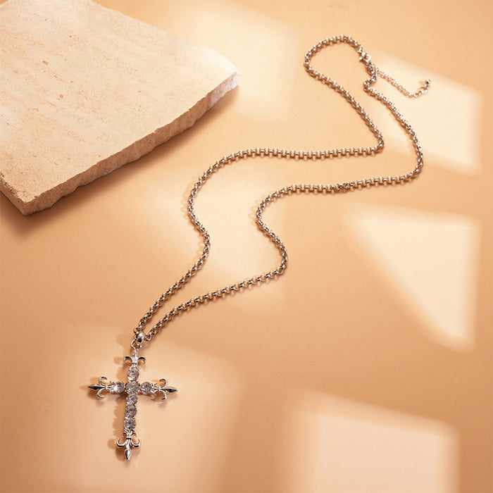 Wholesale  Diamond-Encrusted Iris Cross Long Pendant Necklace