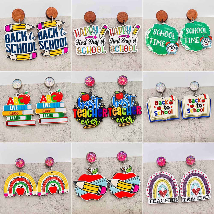 Wholesale Teacher' s Day Earrings Pencil Book Wooden Earrings Glitter Earrings