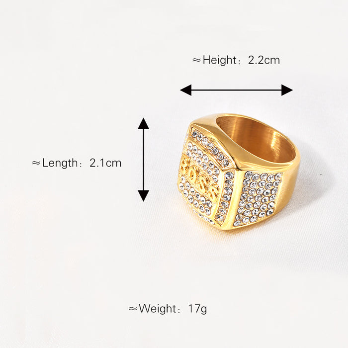 Wholesale HIPHOP titanium steel electroplating rhinestone square BOSS letter men' s ring