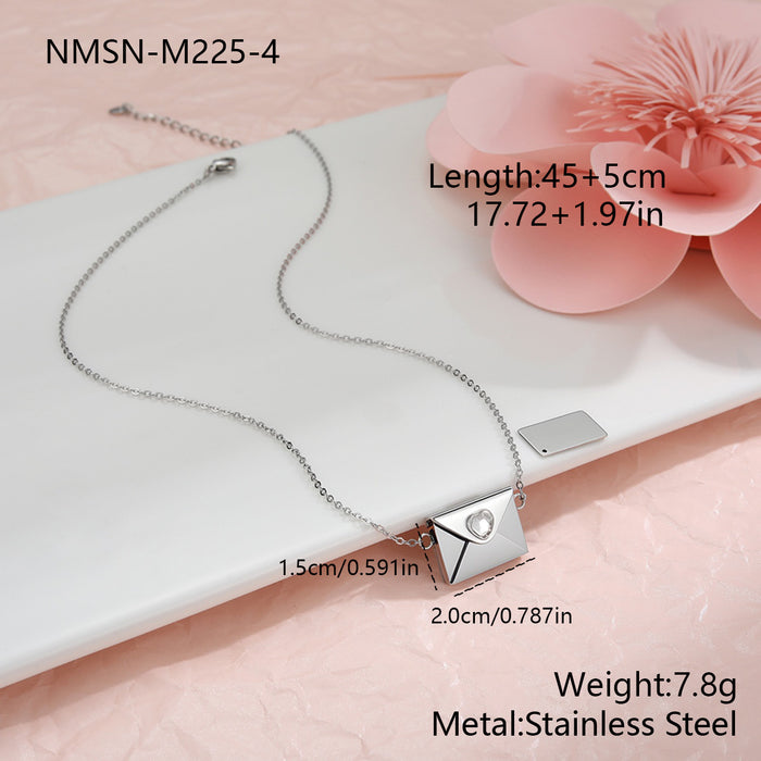 Wholesale Valentine' s Day-themed envelope-shaped stainless steel necklace with heart-shaped elements and rhinestones.