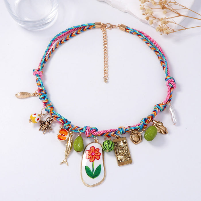 Wholesale Hand-Woven Rope Alloy Flower Fruit Pendant Women's Necklace