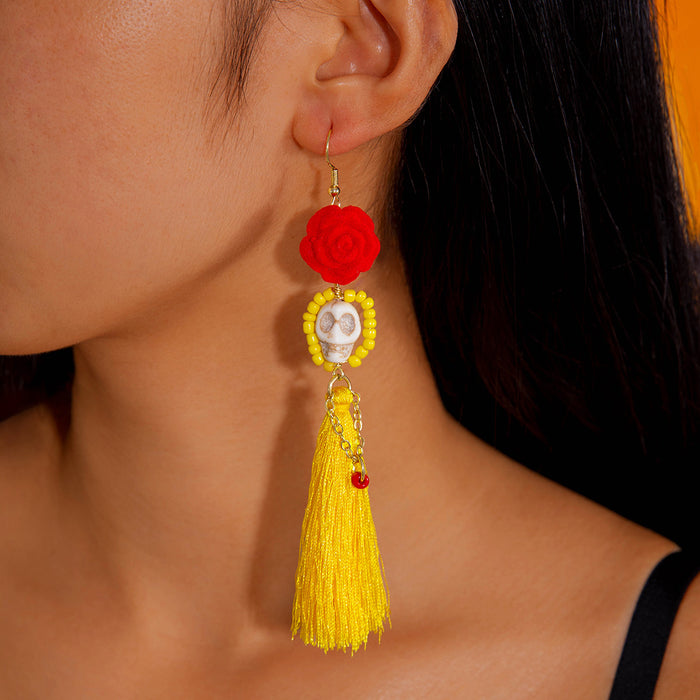 Wholesale  funny fun skull tassel rice beads earrings creative personality rose earrings