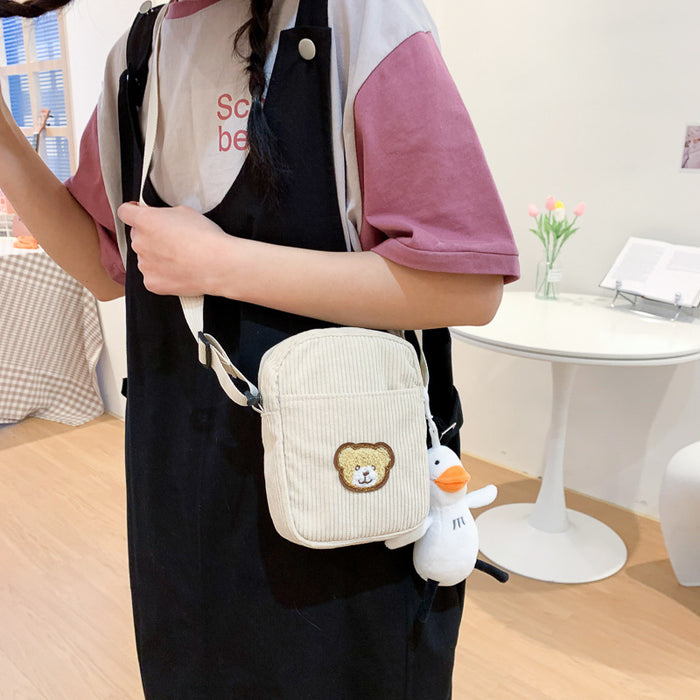 Wholesale Student Cute Bear Cartoon Corduroy Shoulder Bag