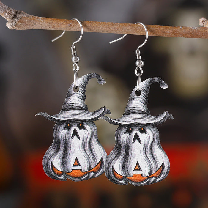 Wholesale  Pumpkin Black Cat Ghost Pendant Earrings Wooden Gothic Double-sided Ear Jewelry