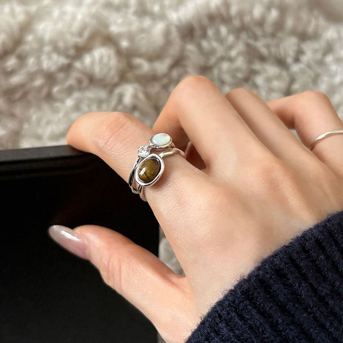 Wholesale Tiger' s Eye and Zircon Geometric Double-Layer Ring