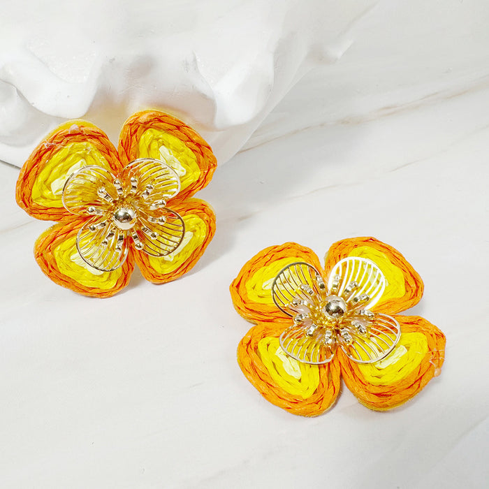 Wholesale Raffia Flower Earrings Summer Beach Style Fashion Accessory MOQ≥2