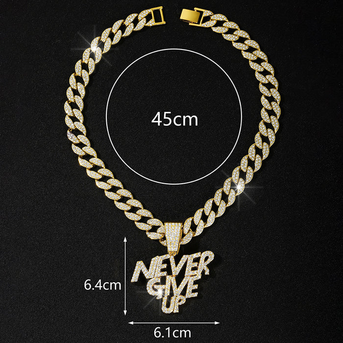 Wholesale Alloy Letter NEVERGIVEUP Punk Style Pendant Full Diamond Super Men's Cuban Chain