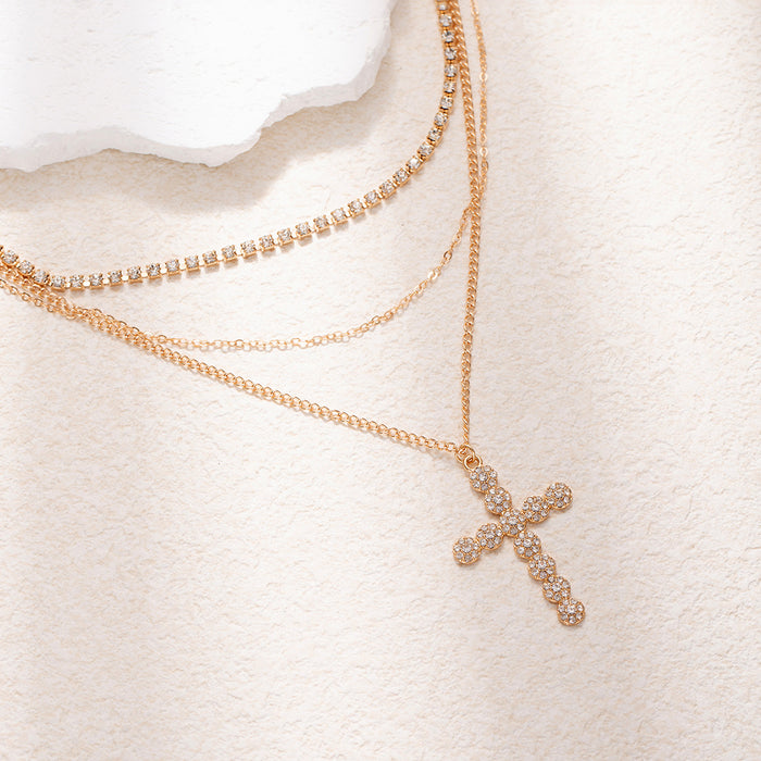 Wholesale Light luxury, niche design, cross necklace, fashionable retro, full diamond, layered, high-end, personalized accessory