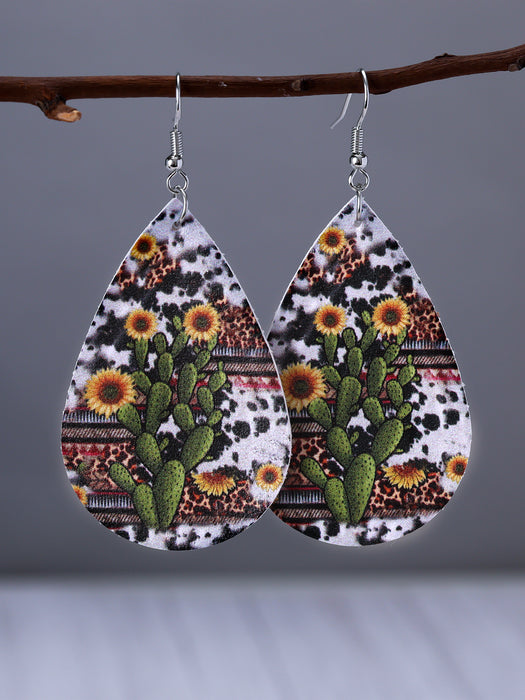 Wholesale Water Drop Shape Leather Sunflower Leaf Stripe Print Earrings JDC-ES-YiTian009